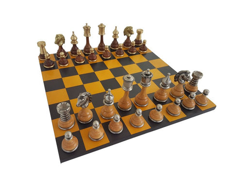 Luxury Brass & Wood Chess Set with Leather Board, Handmade Italy 34x34cm