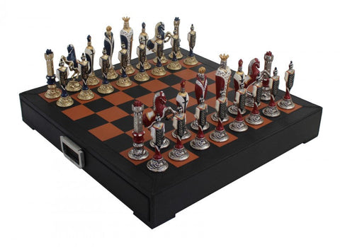Renaissance Chess Set with Metal Pieces & Leather Board, Handmade Italy, Drawer