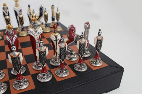Renaissance Chess Set with Metal Pieces & Leather Board, Handmade Italy, Drawer