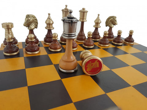 Luxury Brass & Wood Chess Set with Leather Board, Handmade Italy 34x34cm