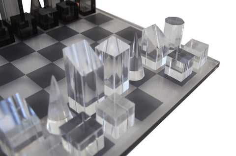 Modern Acrylic Chess Set, Geometric Pieces, Black/Clear, Made in Italy