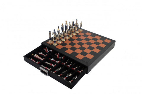 Renaissance Chess Set with Metal Pieces & Leather Board, Handmade Italy, Drawer