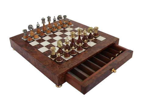 Handmade Brass & Wood Chess Set, Elm Board with Drawer, Made in Italy