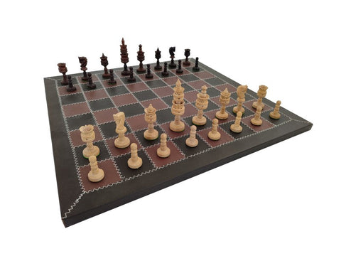 Italian Mahogany Chess Set with Weighted Pieces & Genuine Leather Board