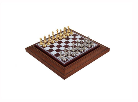 Gold & Silver Plated Metal Chess Set, 17cm Leather Board with Drawer, Italy