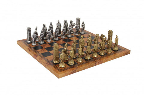 Roman vs Barbarian Metal Chess Set with Faux Leather Board, Made in Italy