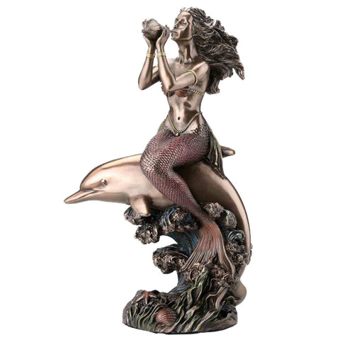 Bronze-Finish Mermaid on Dolphin Statue, 21cm Resin Figurine, Italian Decor