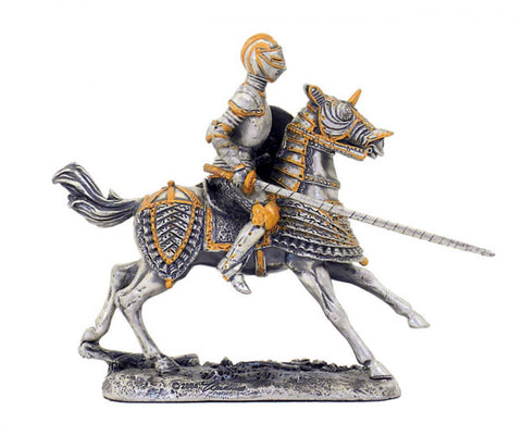 Medieval Hand-Painted Pewter Knight Figurine with Lance, 10cm, Made in Italy