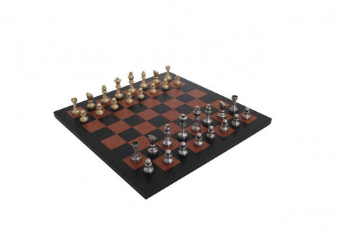 Luxury Brass Chess Set, Leather Board, Gold & Silver Plated, Handmade in Italy