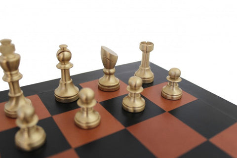 Luxury Brass Chess Set, Leather Board, Gold & Silver Plated, Handmade in Italy