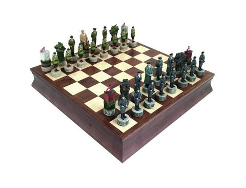 World War II Chess Set, Handcrafted Resin, Walnut Maple Board with Storage