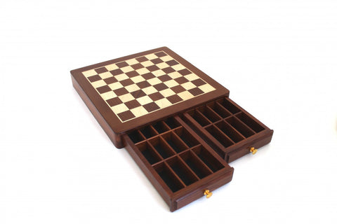 Mahogany Maple Wooden Chess Board 46cm with Storage Drawers, Handmade in Italy