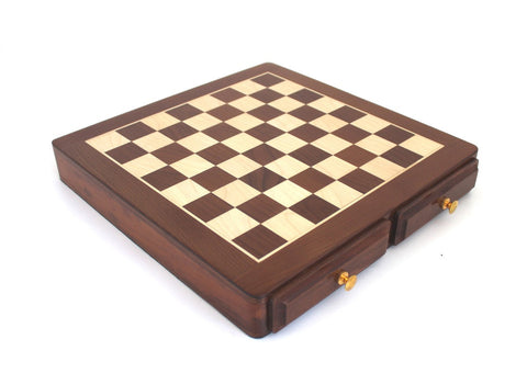 Mahogany Maple Wooden Chess Board 46cm with Storage Drawers, Handmade in Italy