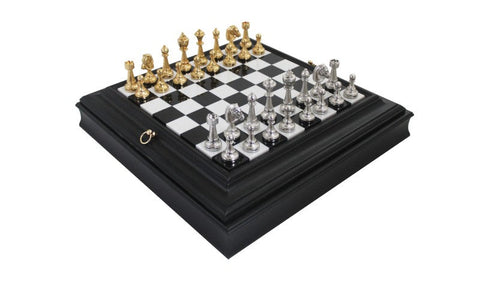 Italian Handmade Brass Chess Set, Marble Wood Board with Storage