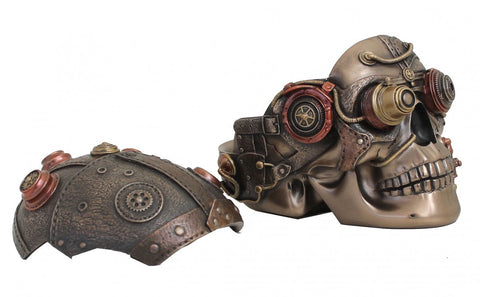 Steampunk Skull Trinket Box with Goggles – Bronze Resin Statue 15x10x11cm