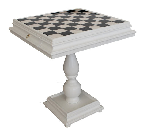 White Wooden Chess Table with Marble Top & Storage Drawers, Made in Italy