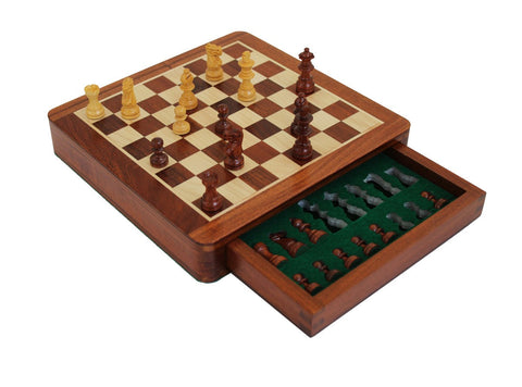 Magnetic Wooden Chess Set with Drawer, 25x25cm Travel Board, Handmade in Italy