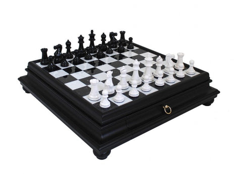Italian Handmade Wooden Chess Set with Marble Board & Drawer, Weighted Pieces