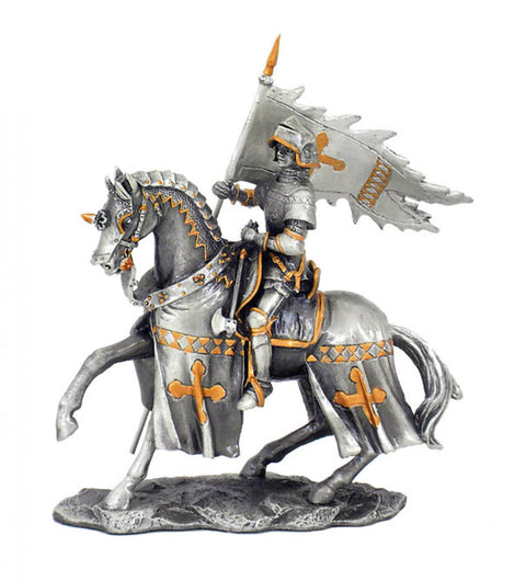 Medieval Pewter Teutonic Knight with Flag Figurine, Hand-Painted, 13cm Italy