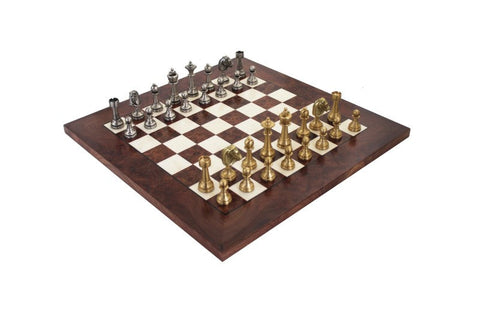Handmade Brass Chess Set with Walnut Board, Gold & Silver Pieces, Italy, 42x42cm
