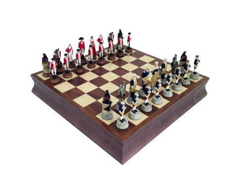 American Revolution Chess Set, Hand-Painted Resin, Walnut Maple Board & Storage
