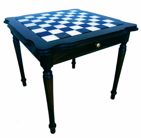 Large Italian Black Lacquer Chess Table with Marble Top & Storage