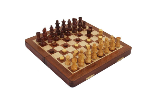 Italian Magnetic Wooden Chess Set 25x25cm Travel + Checkers & Backgammon