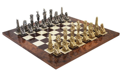 Egyptian Metal Chess Set with Elm Wood Board, Gold & Silver, Handmade in Italy
