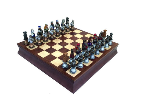 Medieval Chess Set, Hand-Painted Resin, Walnut & Maple Board, Storage