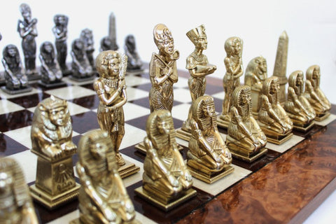 Egyptian Metal Chess Set with Elm Wood Board, Gold & Silver, Handmade in Italy