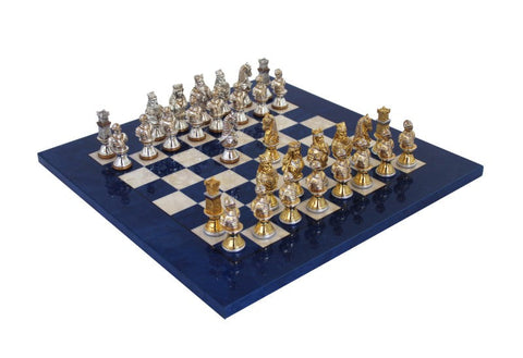 Medieval Chess Set – Handmade Tin Pieces, Gold/Silver, Blue Wood Board, Italy