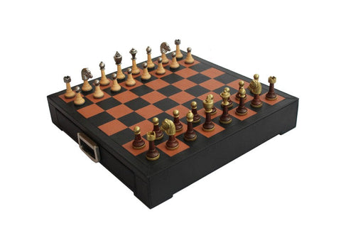 Italian Luxury Chess Set, Leather Board Drawer, Metal & Wood Pieces
