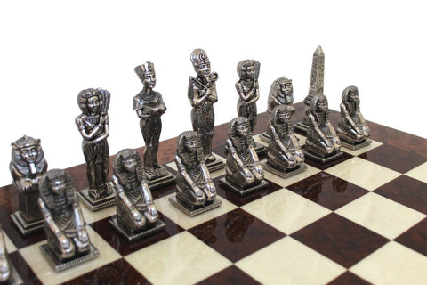 Egyptian Metal Chess Set with Elm Wood Board, Gold & Silver, Handmade in Italy