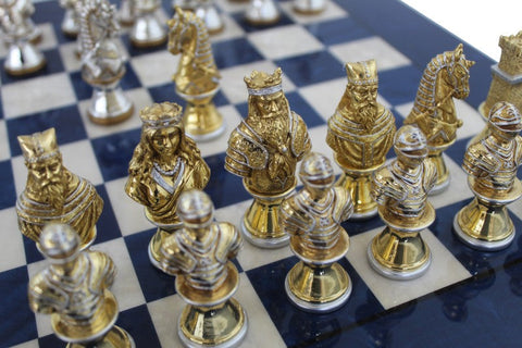 Medieval Chess Set – Handmade Tin Pieces, Gold/Silver, Blue Wood Board, Italy