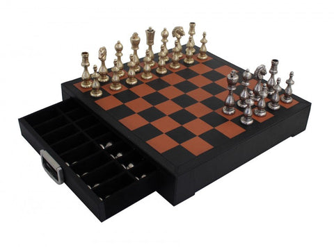 Italian Metal Chess Set, Handmade Leather Board with Drawer, Gold & Silver