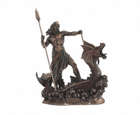 Poseidon on Sea Dragon Statue, Bronze Resin, 24cm Greek God Decor, Italy