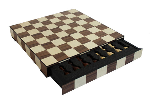 Handmade Walnut & Maple Chess Set with Storage Board, Italy, 36cm Carved Pieces