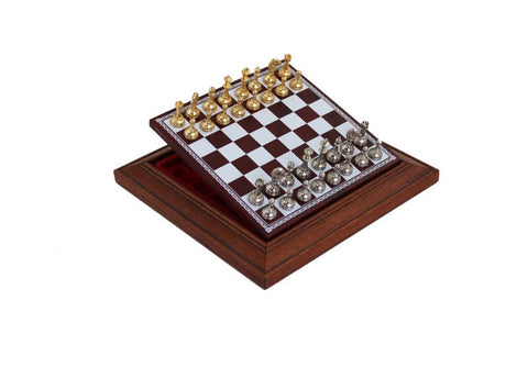 Gold & Silver Plated Metal Chess Set, 17cm Leather Board with Drawer, Italy