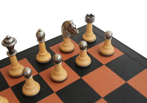 Italian Luxury Chess Set, Leather Board Drawer, Metal & Wood Pieces