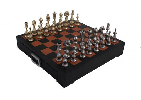 Italian Metal Chess Set, Handmade Leather Board with Drawer, Gold & Silver