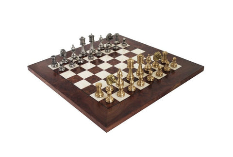 Handmade Brass Chess Set with Glossy Elm Wood Board, Gold & Silver, Italian