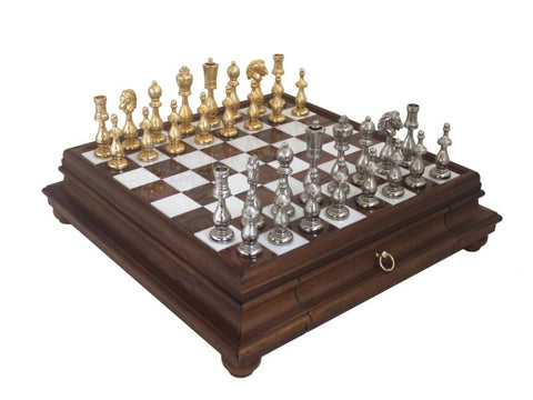 Italian Handmade Metal Chess Set, Gold & Silver, Marble Wood Board with Drawer