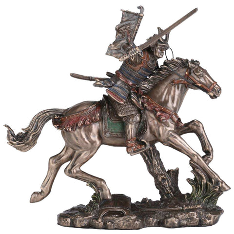 Samurai on Horse Statue, Bronze Finish Resin Figurine, Japanese Decor, Gift
