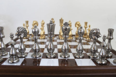 Italian Handmade Metal Chess Set, Gold & Silver, Marble Wood Board with Drawer