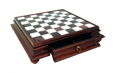 Italian Handmade Metal Chess Set, Gold & Silver, Marble Wood Board with Drawer