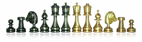 Handmade Brass Chess Set with Glossy Elm Wood Board, Gold & Silver, Italian