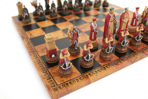 Medieval Camelot Chess Set: Hand-Painted Resin & Faux Leather Board, Italy