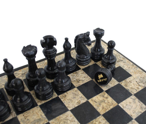 Handmade Italian Marble Chess Set, Black & Brown, Leather Case, 30x30cm