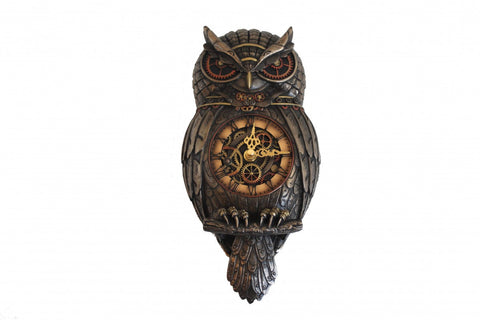 Owl Wall Clock, Bronze Resin, Handmade in Italy, 15x31 cm Unique Design