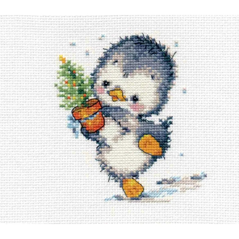 Cross Stitch Kit “Skubu į šventę,” White Aida 14 ct, 11×12 cm, 16 Colors, Alisa, English Instructions